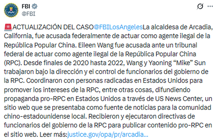 El comunicado del FBI a través de su cuenta de X sobre el caso de la alcaldesa de California. El comunicado del FBI a través de su cuenta de X sobre el caso de la alcaldesa de California.