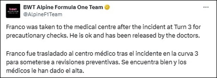 Alpine confirmó que Franco Colapinto se encuentra bien. Alpine confirmó que Franco Colapinto se encuentra bien.