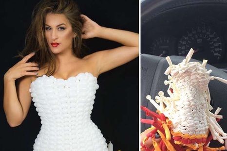 Hace vestidos con globos, pero cuando se desinflan...