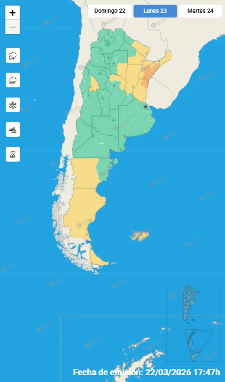 El pronóstico del Servicio Meteorológico Nacional mantiene alertas por tormentas fuertes, lluvias persistentes y ráfagas intensas en varias provincias. El pronóstico del Servicio Meteorológico Nacional mantiene alertas por tormentas fuertes, lluvias persistentes y ráfagas intensas en varias provincias.