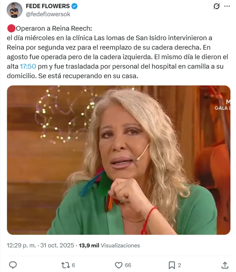 El periodista de espectáculos reveló que Reina Reech pasó por el quirófano esta semana. El periodista de espectáculos reveló que Reina Reech pasó por el quirófano esta semana.