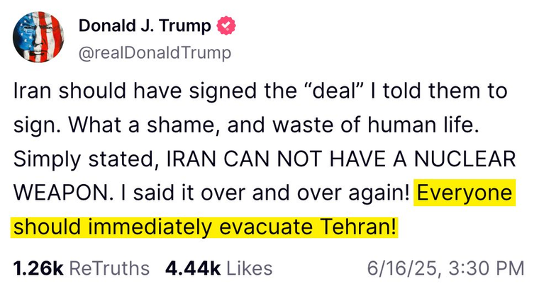 El tweet de Donald Trump en el que incitó a evacuar la ciudad de Teherán.