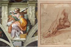 El dibujo hallado y el detalle del fresco en la Capilla Sixtina.