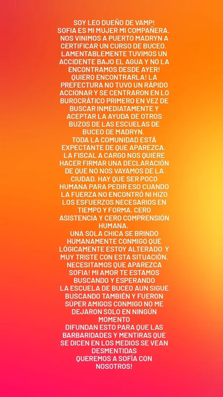 El mensaje del novio de Sofía, la joven desaparecida. El mensaje del novio de Sofía, la joven desaparecida.