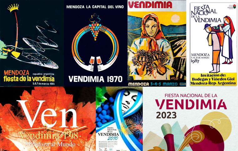 Afiches de la Fiesta Nacional de la Vendimia de los años 1965, 1970, 1978, 1987, 1998, 2010 y 2023. Afiches de la Fiesta Nacional de la Vendimia de los años 1965, 1970, 1978, 1987, 1998, 2010 y 2023.