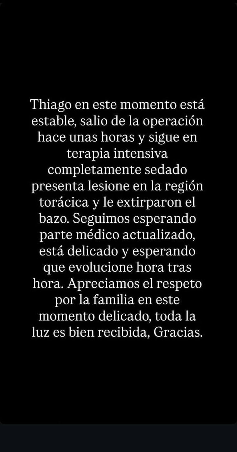 Pestañela compartió algunas precisiones del parte médico sobre Thiago Medina. Pestañela compartió algunas precisiones del parte médico sobre Thiago Medina.