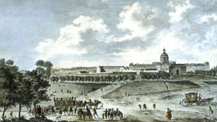 La Salpêtrière en un grabado de circa 1780. En la parte inferior izquierda se ve a un grupo de prostitutas que están siendo llevadas a la prisión. Foto: SCIENCE PHOTO LIBRARY