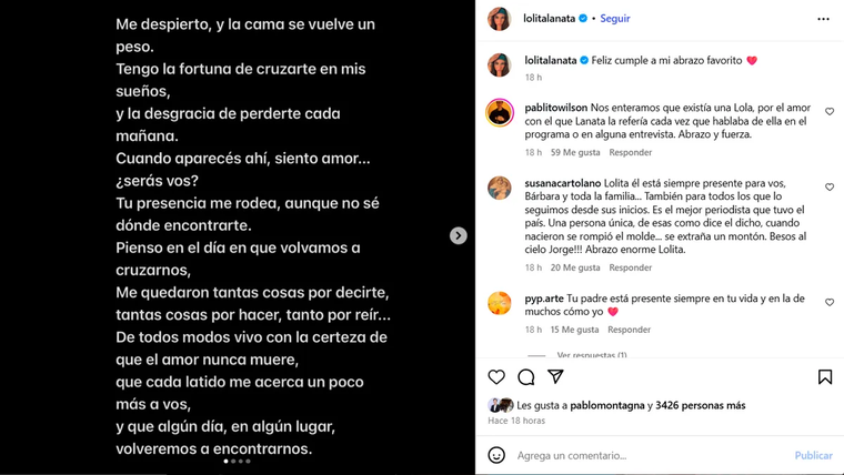 En el día que Jorge Lanata hubiera cumplido 65 años, su hija Lola lo recordó en redes sociales. En el día que Jorge Lanata hubiera cumplido 65 años, su hija Lola lo recordó en redes sociales.