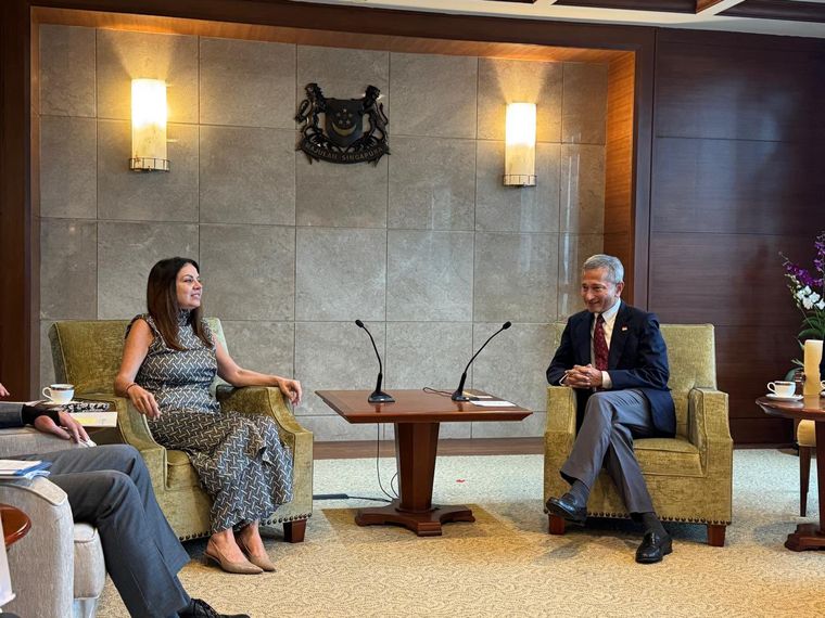 La ministra de Capital Humano, Sandra Pettovello, junto al canciller de Singapur, Vivian Balakrishnan. &nbsp;