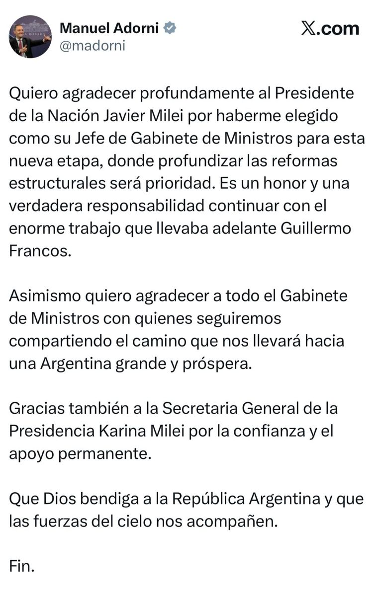 Manuel Adorni tuiteó tras la confirmación de su ingreso a la Jefatura de Gabinete. Manuel Adorni tuiteó tras la confirmación de su ingreso a la Jefatura de Gabinete.