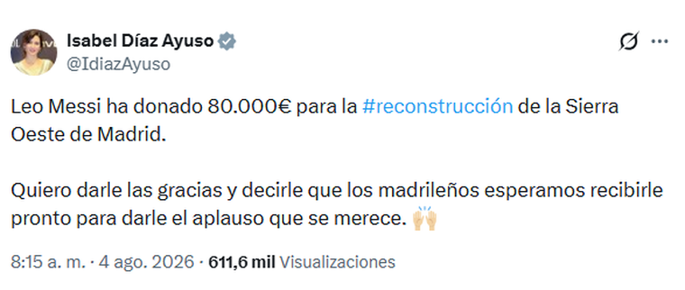 El gesto solidario de Messi fue agradecido públicamente por Isabel Díaz Ayuso. El gesto solidario de Messi fue agradecido públicamente por Isabel Díaz Ayuso.