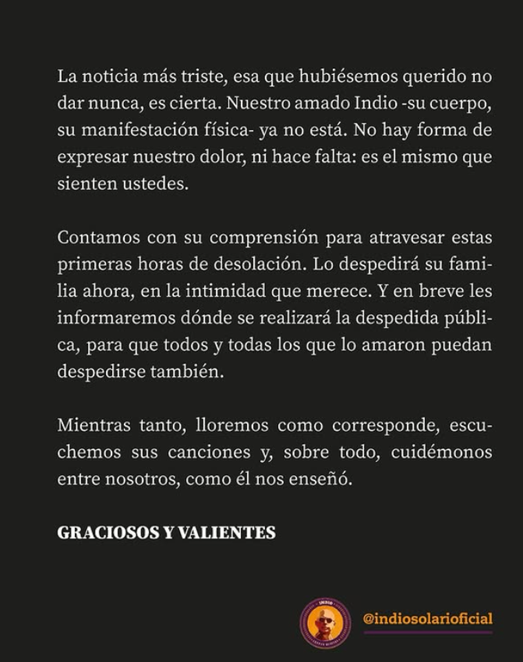 El posteo que compartieron tras la muerte del Indio Solari. El posteo que compartieron tras la muerte del Indio Solari.