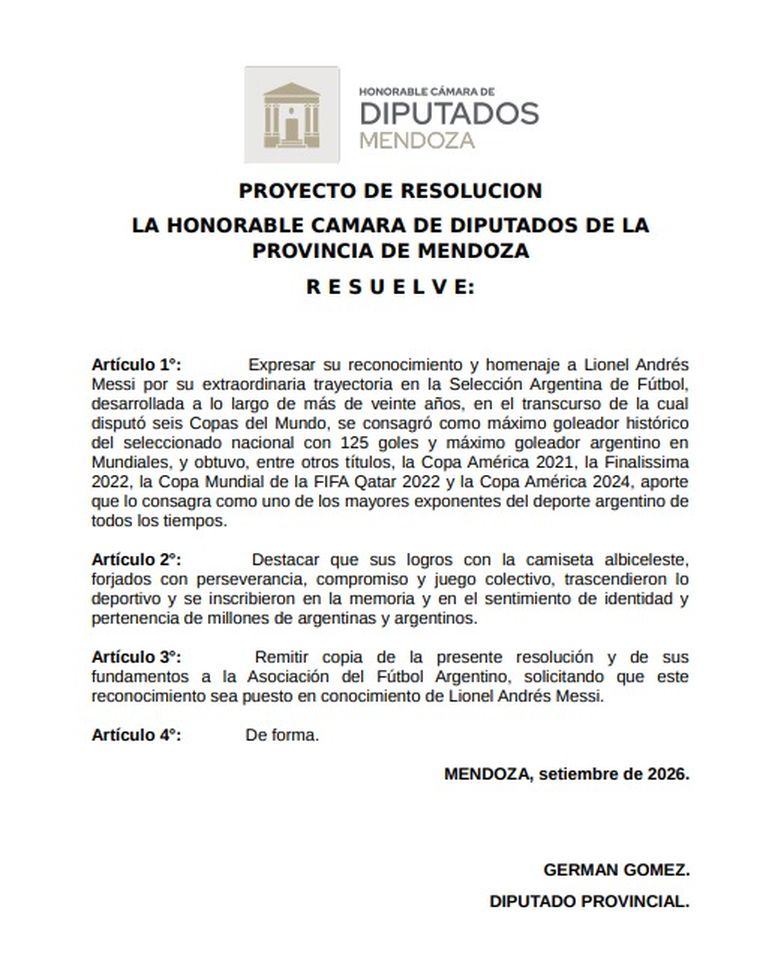 El proyecto impulsado para reconocer a Lionel Messi.