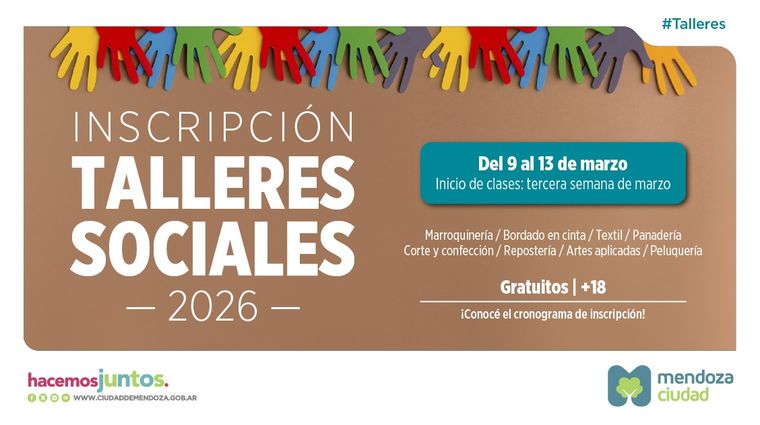 Ciudad de Mendoza abre inscripciones para los Talleres Sociales 2026. Ciudad de Mendoza abre inscripciones para los Talleres Sociales 2026.