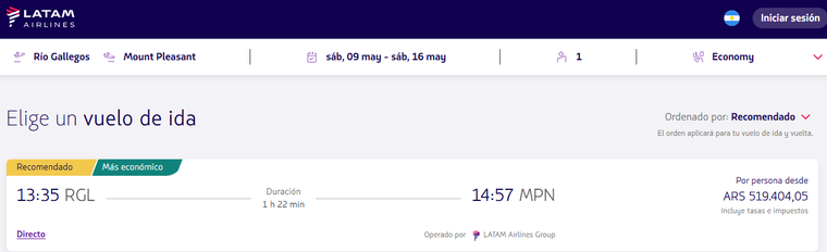 Cuánto cuesta el pasaje de ida hacia las Islas Malvinas.