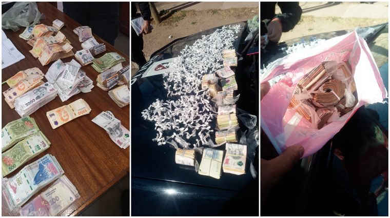El dinero y la cocaína fraccionada que secuestraron policías en el oeste de Godoy Cruz.&nbsp;