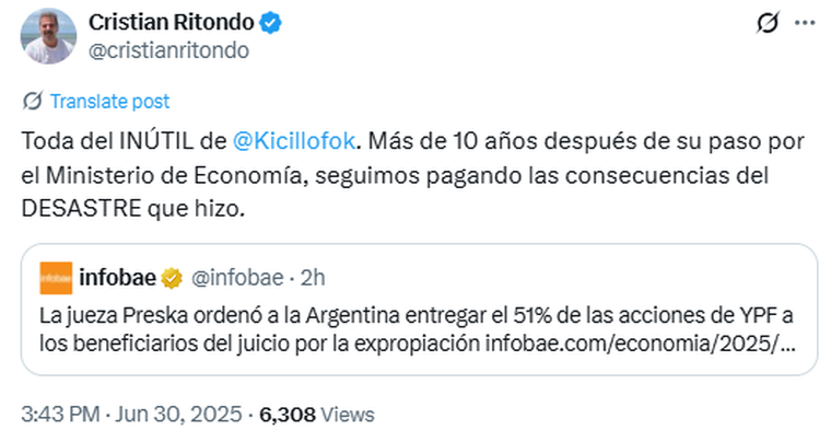 Ritondo contra Kicillof por el fallo sobre YPF. Ritondo contra Kicillof por el fallo sobre YPF.
