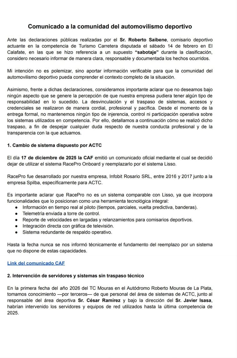 El comunicado de Infobit Rosario SRL tras la polémica en la primera fecha del Turismo Carretera. El comunicado de Infobit Rosario SRL tras la polémica en la primera fecha del Turismo Carretera.