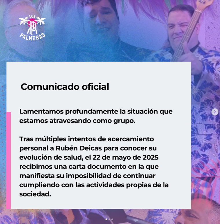Parte del comunicado de Los Palmeras. Foto: captura de pantalla Instagram/ @lospalmerasoficial. 