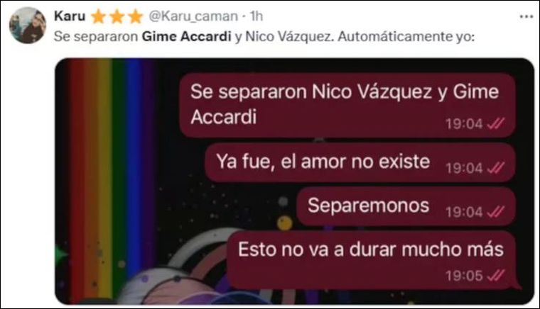 La creatividad de los usuarios de X sobre la separación de Gimena Accardi y Nico Vázquez. Foto: X La creatividad de los usuarios de X sobre la separación de Gimena Accardi y Nico Vázquez. Foto: X