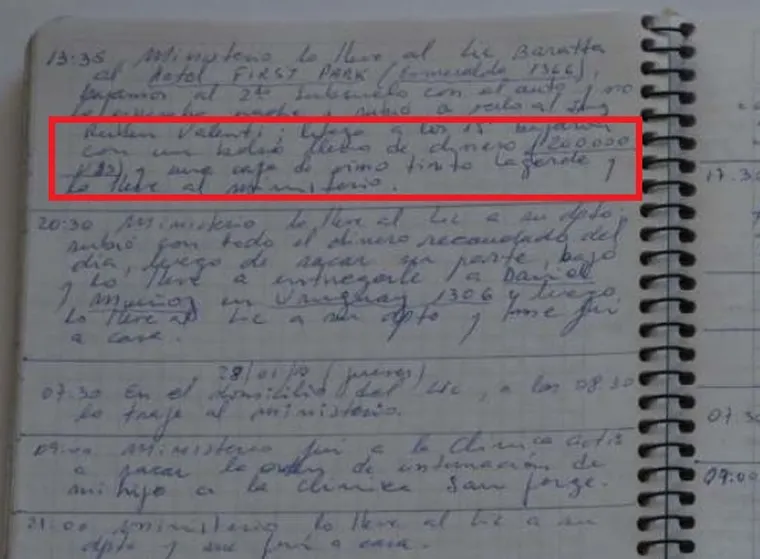 Una de las anotaciones con un pago de 200 mil dólares más una caja de vino Lagarde. Una de las anotaciones con un pago de 200 mil dólares más una caja de vino Lagarde.