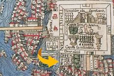 El zoológico de Moctezuma en el mapa de Tenochtilan publicado en en Nuremberg en 1524.