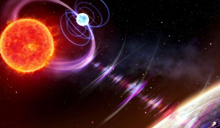 Impresión artística de una enana roja (izquierda) y una enana blanca (centro) orbitando entre sí. Foto: Dpa.