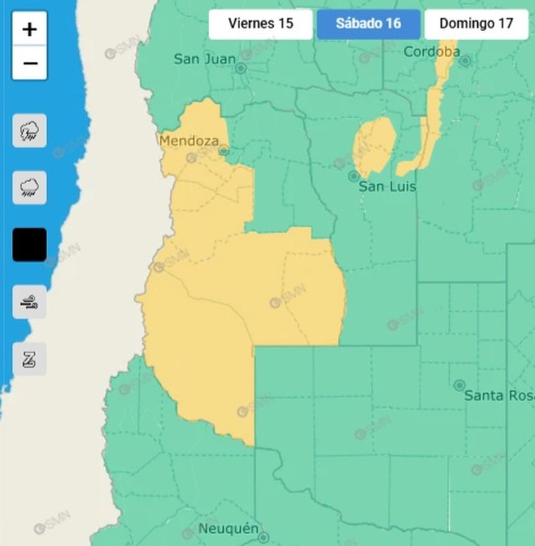 El SMN emitió un alerta amarilla por nevadas en gran parte de Mendoza para este sábado. El SMN emitió un alerta amarilla por nevadas en gran parte de Mendoza para este sábado.