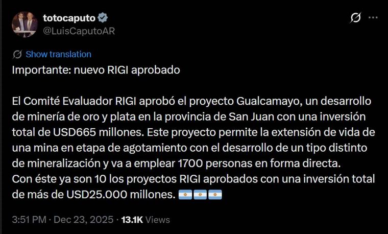 El posteo de Luis Caputo