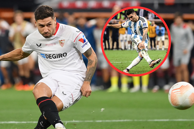 Igual a Qatar: Montiel pateó el cuarto penal para el título del Sevilla y desató una ola de memes