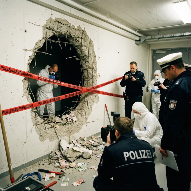 Así quedó la pared que perforaron para ejecutar el millonario robo al Banco Sparkasse de Alemania.