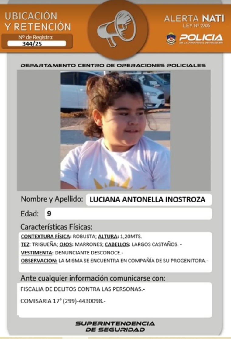 Buscan intensamente a Luciana Antonella Inostroza, de 9 años, en Neuquén. Buscan intensamente a Luciana Antonella Inostroza, de 9 años, en Neuquén.