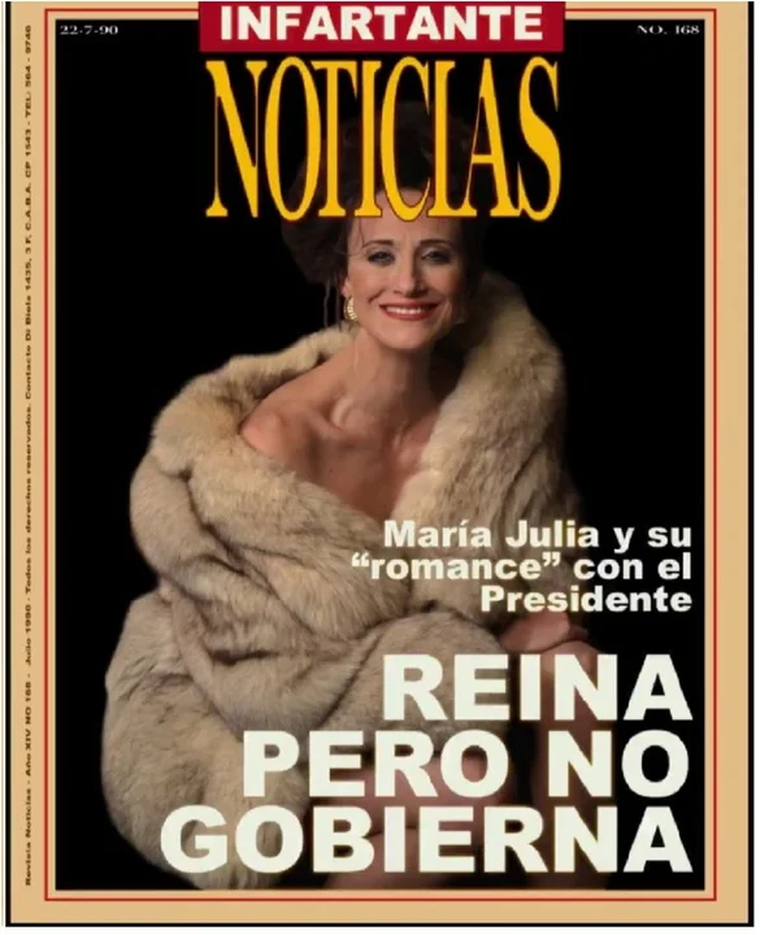 La mítica tapa que protagonizó María Julia Alsogaray, en la serie de Menem es interpretado por Mónica Antonópulos.