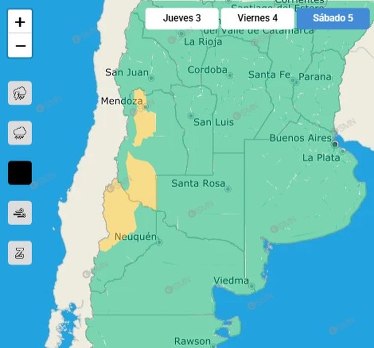 El SMN emitió un alerta por nevadas para este sábado en Mendoza. El SMN emitió un alerta por nevadas para este sábado en Mendoza.