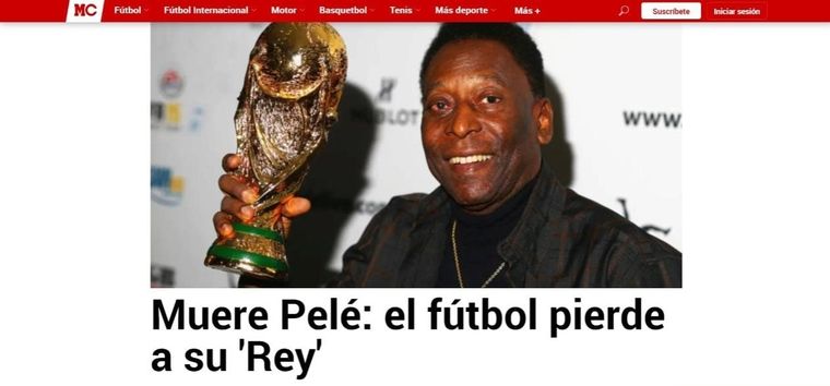 La portada de la web de Marca tras el fallecimiento de Pelé.