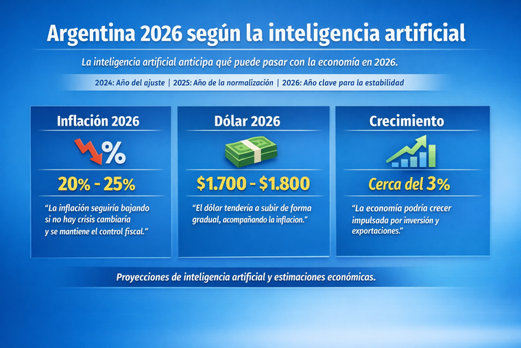 La inteligencia artificial proyecta menos inflación, un dólar en suba gradual y crecimiento moderado en 2026. La inteligencia artificial proyecta menos inflación, un dólar en suba gradual y crecimiento moderado en 2026.
