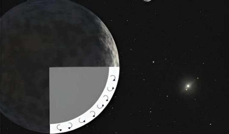 Una representación del núcleo rocoso y la capa de hielo de Eris sobre un fondo ilustrado de la NASA. Foto: Dpa.