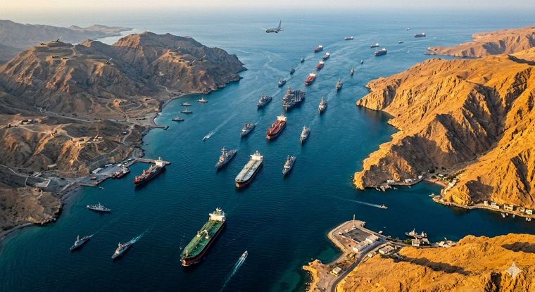 Vista cinematográfica de Ormuz, clave en la Guerra de Irán, generada con IA.