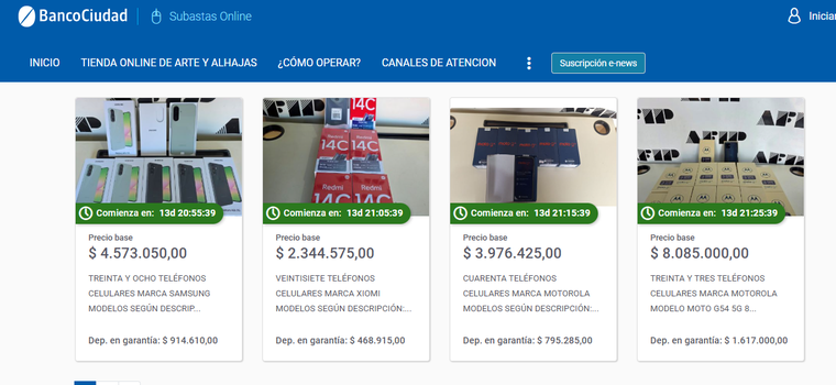 La subasta de ARCA con teléfonos celulares y sus precios. La subasta de ARCA con teléfonos celulares y sus precios.