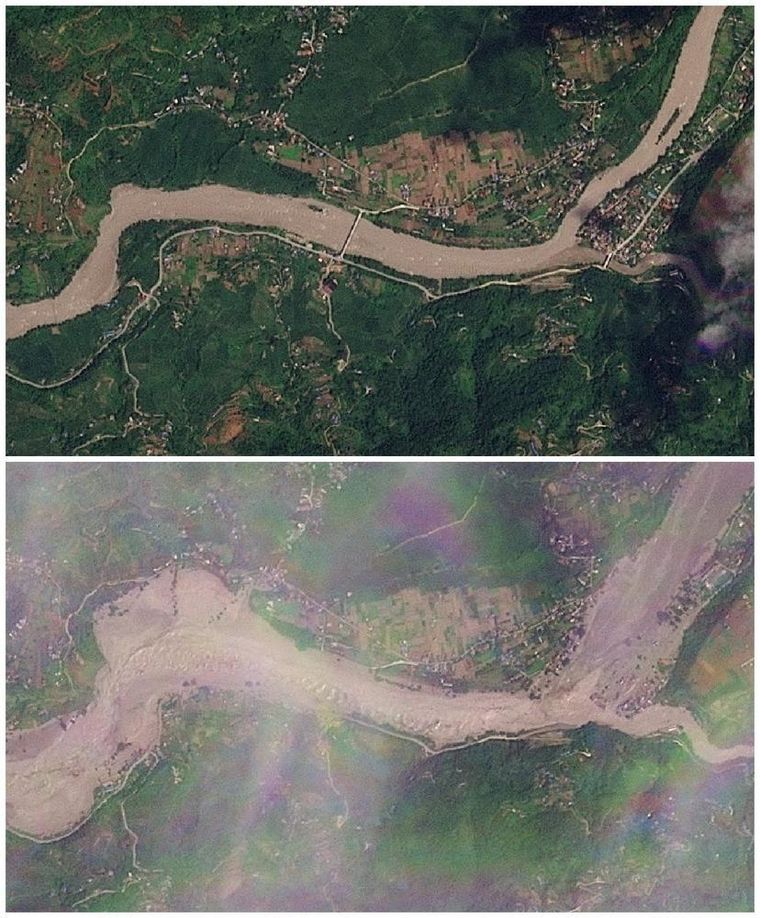 Imágenes satelitales de Khadga Bhanjyang, en el río Trishuli, tomadas con tres días de diferencia, muestran la magnitud de las inundaciones.