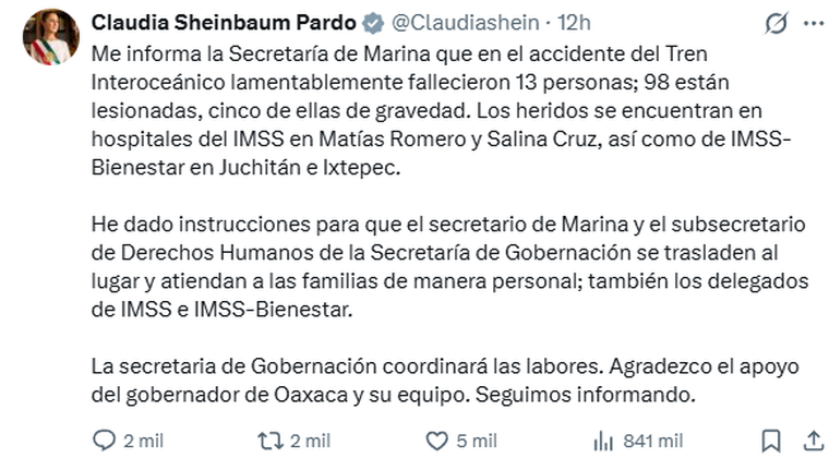 El comunicado de la presidenta Claudia Sheinbaum tras el accidente ferroviario. El comunicado de la presidenta Claudia Sheinbaum tras el accidente ferroviario.