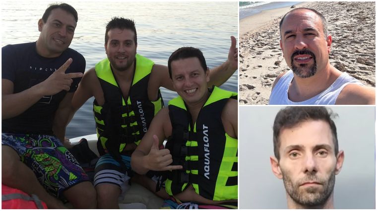 Los mendocinos detenidos: a la derecha, Diego Xiccato, Mauricio Aparo y Juan Manuel Zuloaga, juntos en lancha; a la izquierda, Juan Pablo Rua (arriba) y Sebastián Moyano (abajo). 