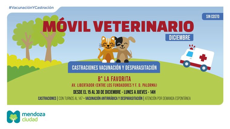 La Ciudad de Mendoza traslada el Móvil Veterinario al Centro Veterinario Fijo de La Favorita. La Ciudad de Mendoza traslada el Móvil Veterinario al Centro Veterinario Fijo de La Favorita.