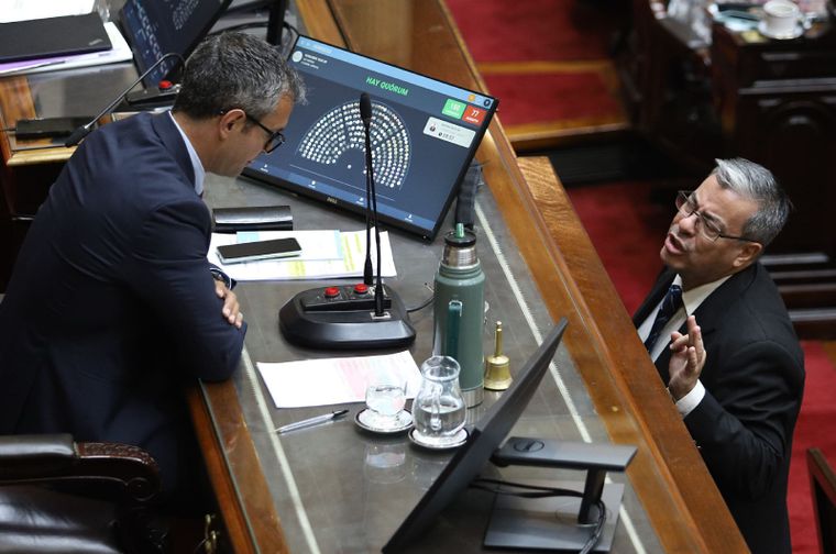 El presidente de la Cámara de Diputados, Martín Menem, y el jefe del bloque de Unión por la Patria, Germán Martínez.