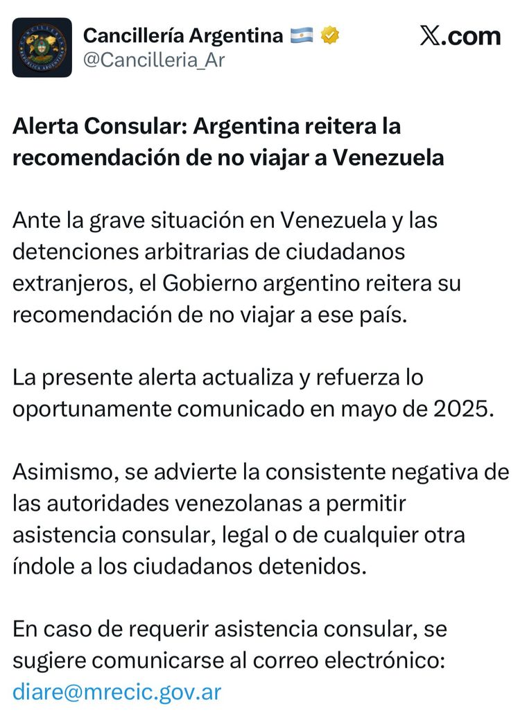 La Cancillería reiteró su recomendación de no viajar a Venezuela. La Cancillería reiteró su recomendación de no viajar a Venezuela.