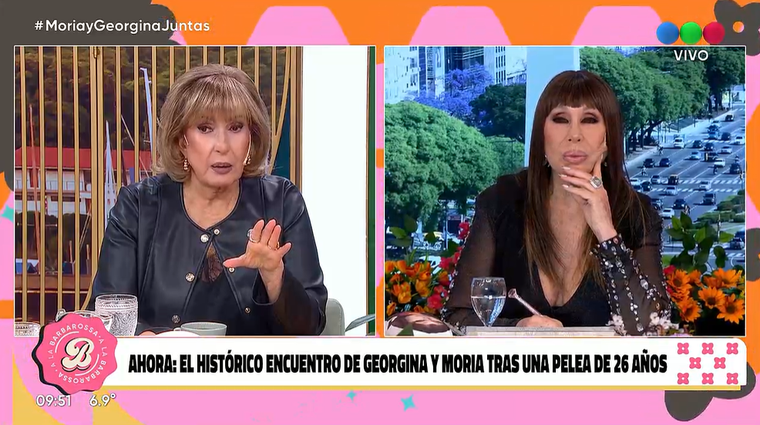 Georgina Barbarossa y Moria Casán durante del dúplex entre Telefe y El Trece. Georgina Barbarossa y Moria Casán durante del dúplex entre Telefe y El Trece. 