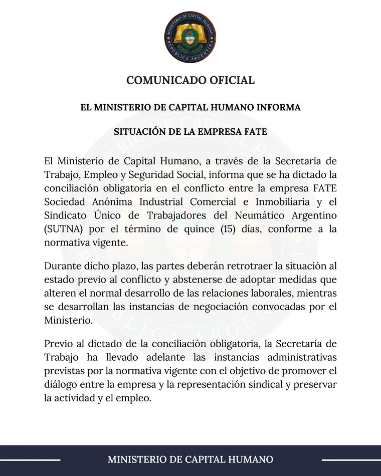 El comunicado del Ministerio de Capital Humano por el cierre de Fate.