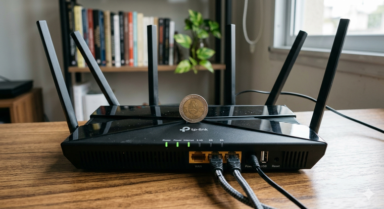 El truco de la moneda sobre el router se viralizó en redes. Fuente: IA Gemini.