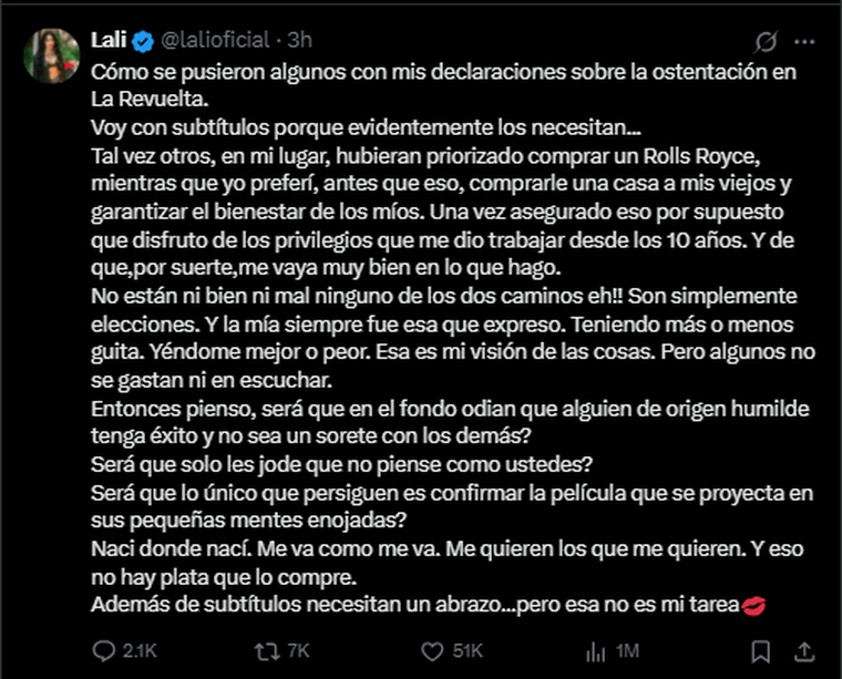 El largo descargo de la artista. Créditos: X / lalioficial El largo descargo de la artista. Créditos: X / lalioficial