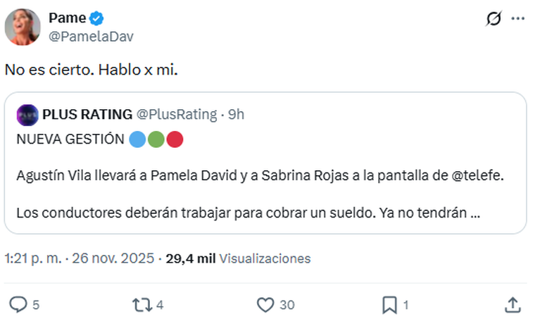 Pamela David desmintió su pase a Telefe. Foto: captura de pantalla X / @PamelaDav. Pamela David desmintió su pase a Telefe. Foto: captura de pantalla X / @PamelaDav.